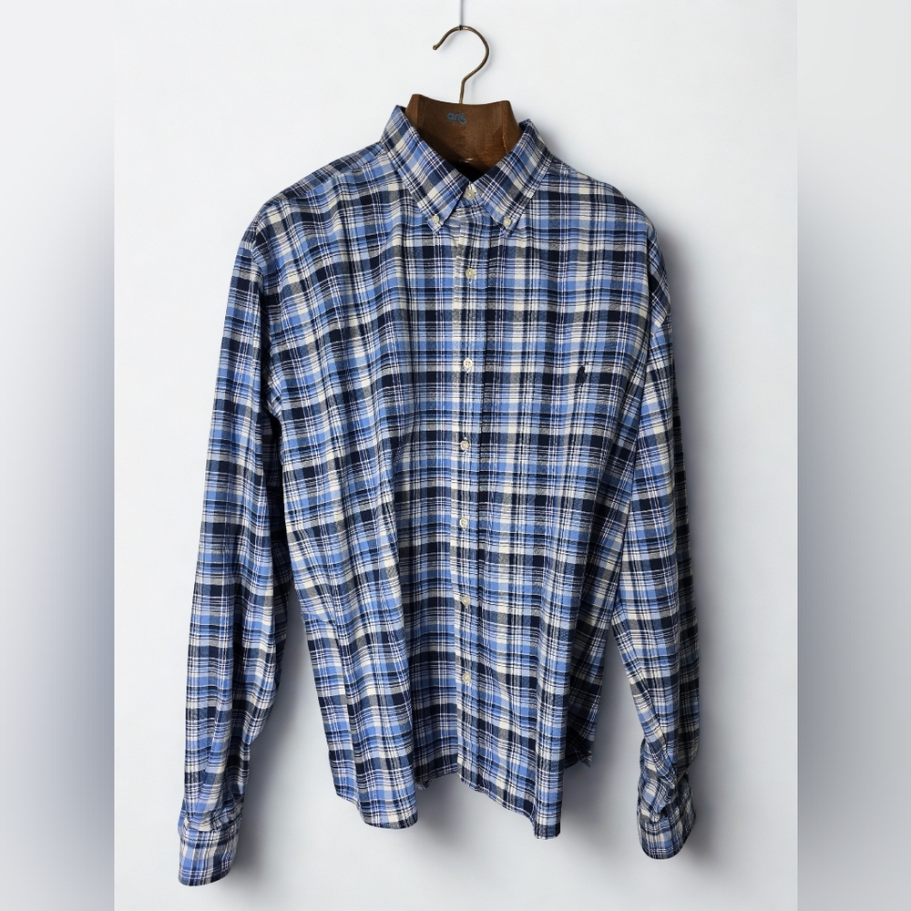 Ralph Lauren Blue and White Preppy Collegiate 2xl Tall Heavier Cotton Shirt